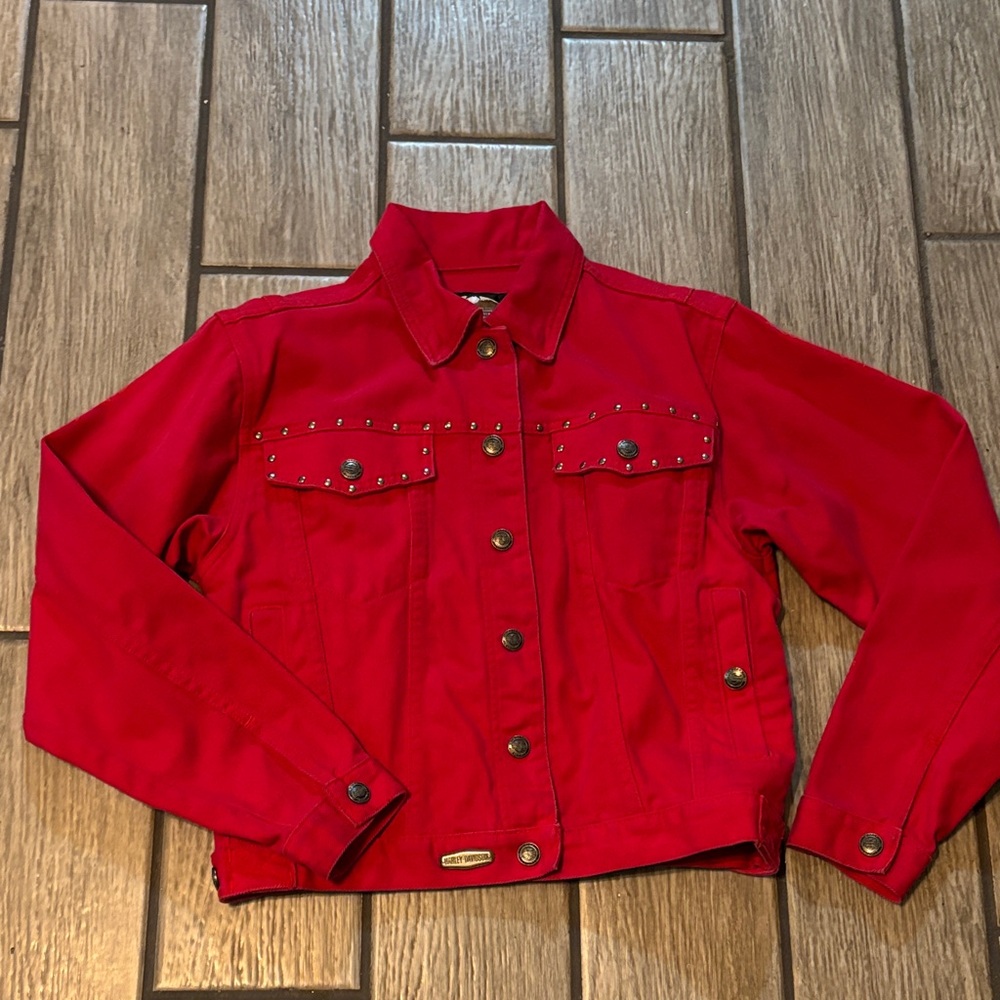 Harley-Davidson Red Women's Jean Jacket with Studs - Picture 2 of 4